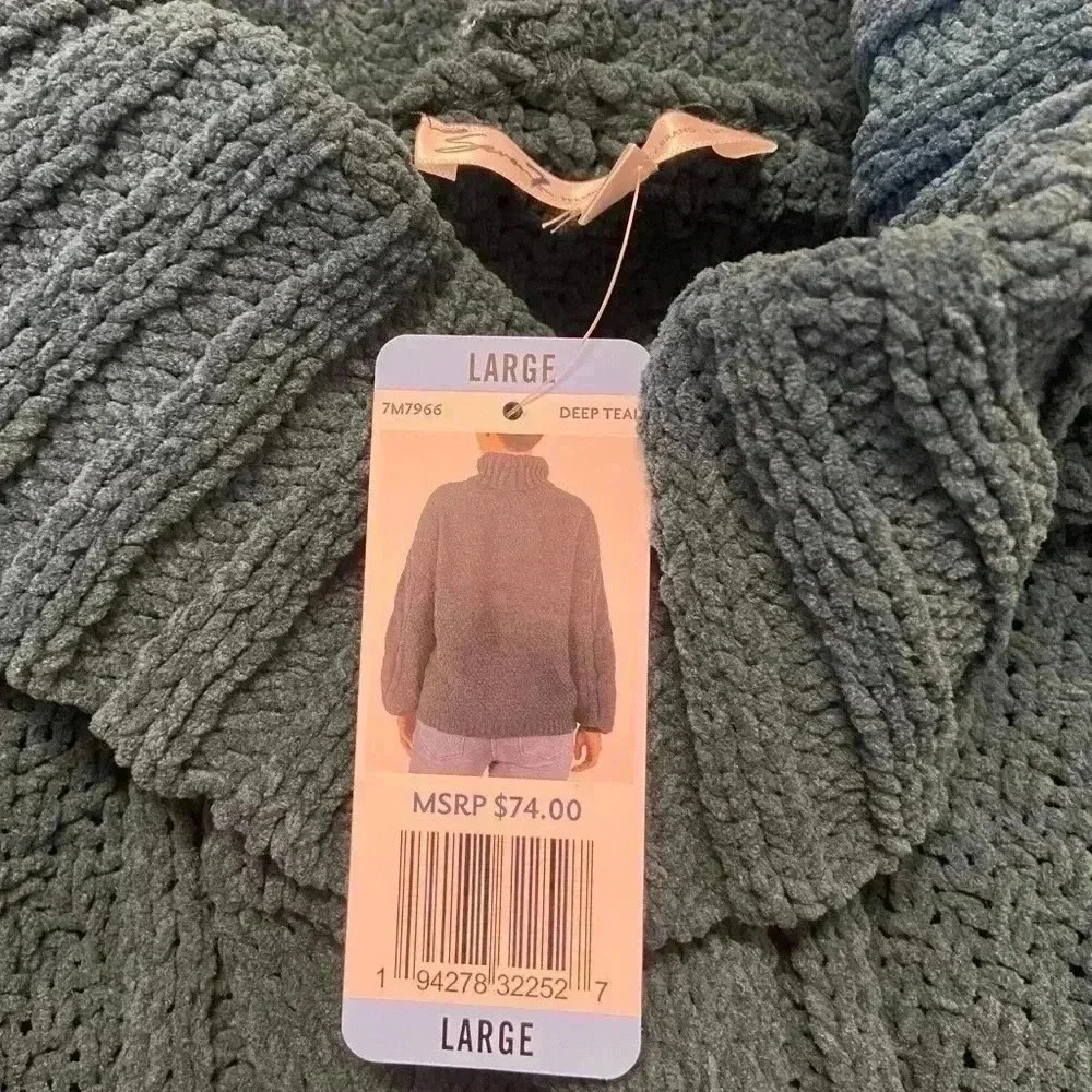 Seven7 Sweater Womens Size L Deep Teal Chenille Cable Knit Turtle Cowl‎ Neck